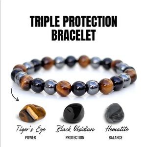 Men’s Triple Protection Bracelet Tiger Eye, Hematite and Onyx Elastic Him Gift
